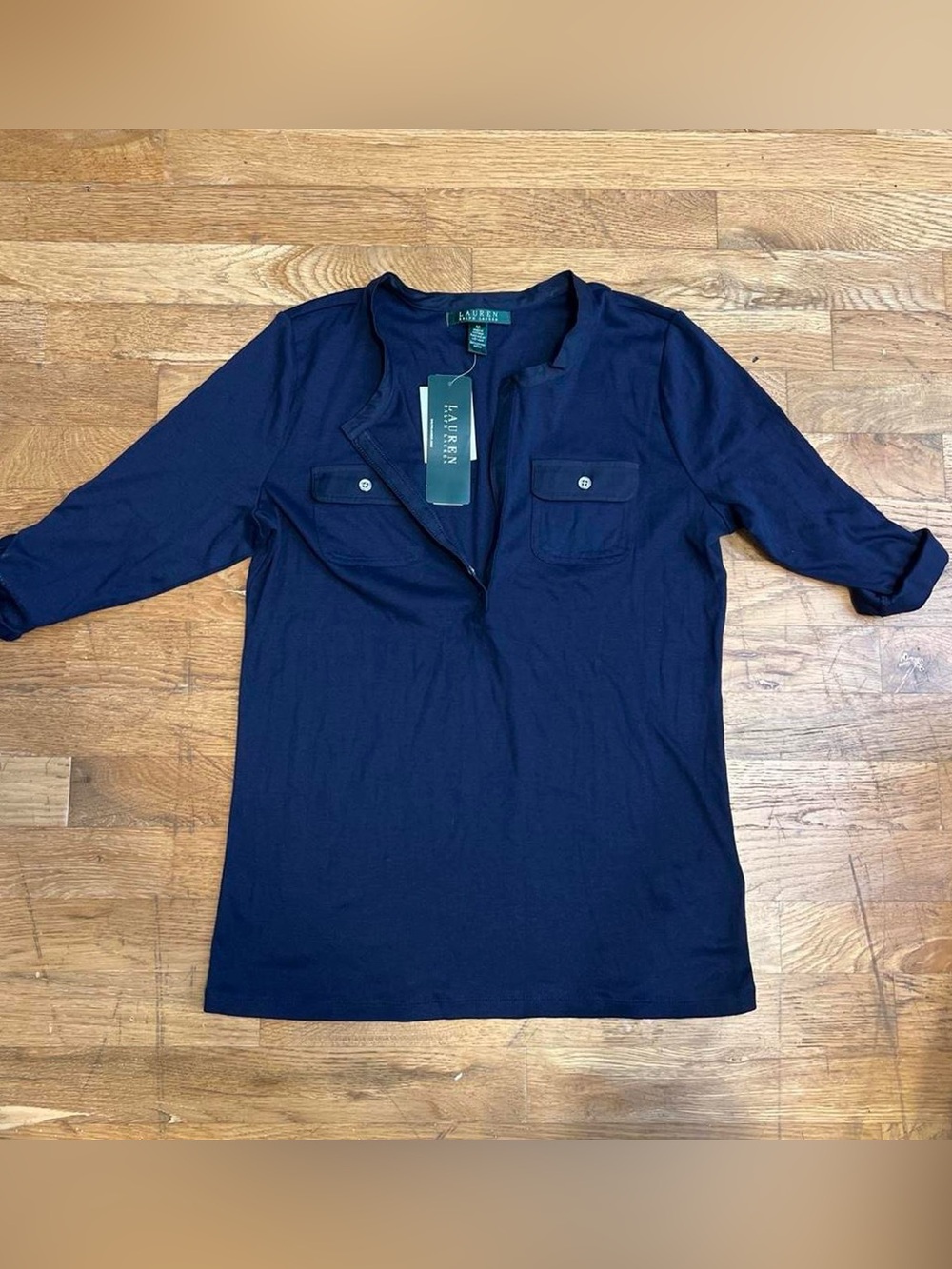 Ralph Lauren top, brand new with tags, 3/4 sleeves navy blue button-up